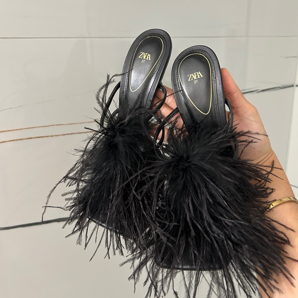 Zara Feather Black Sandal Heels